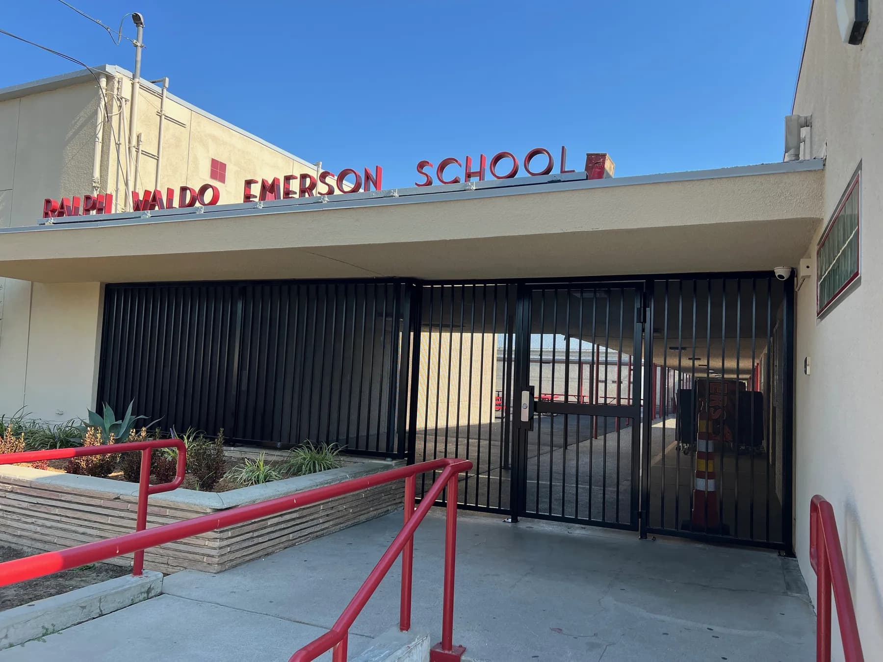 Ralph Waldo Emerson School pedestrian security gate and ornamental metal fencing