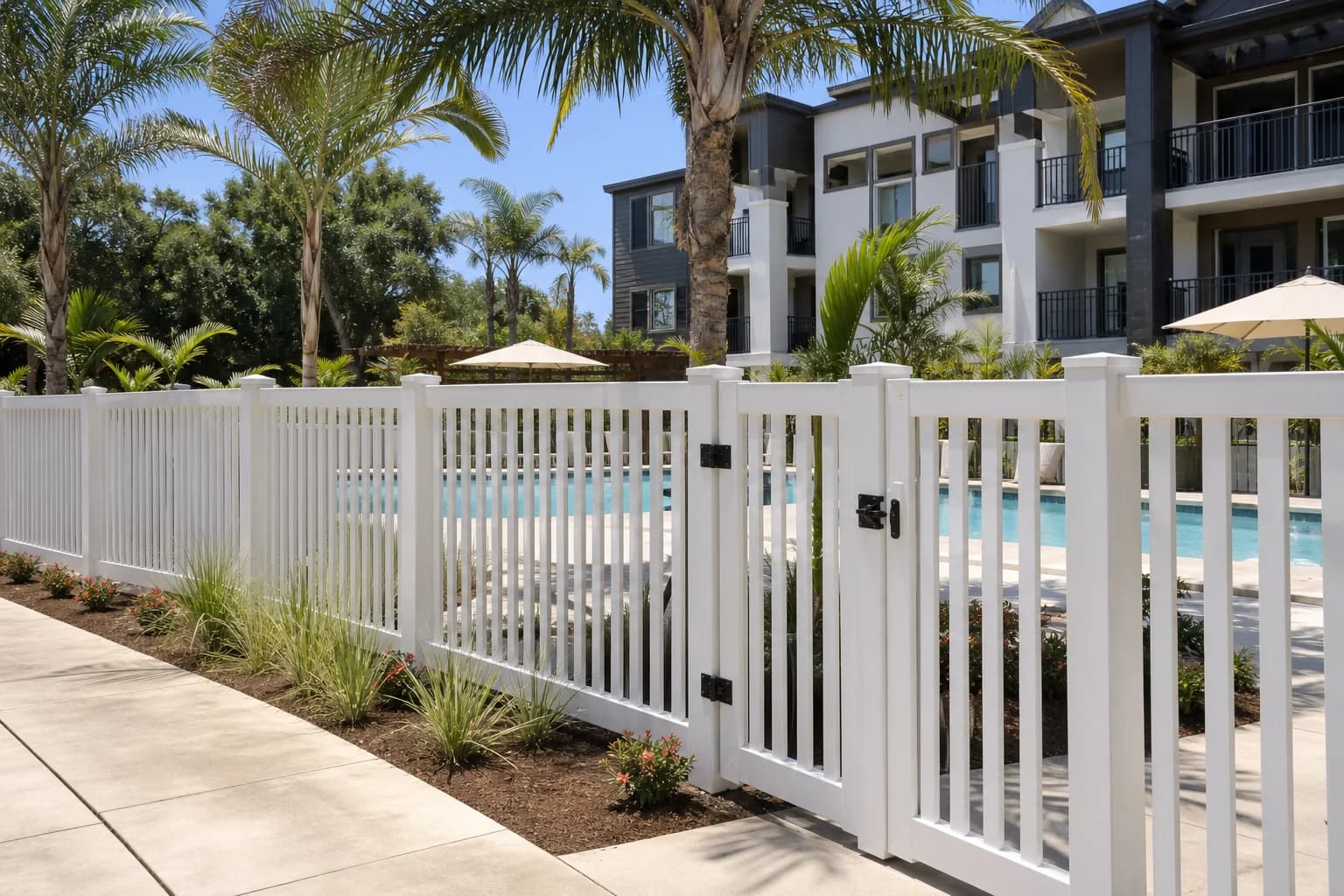 White vinyl pool fencing at an oceanfront apartment complex