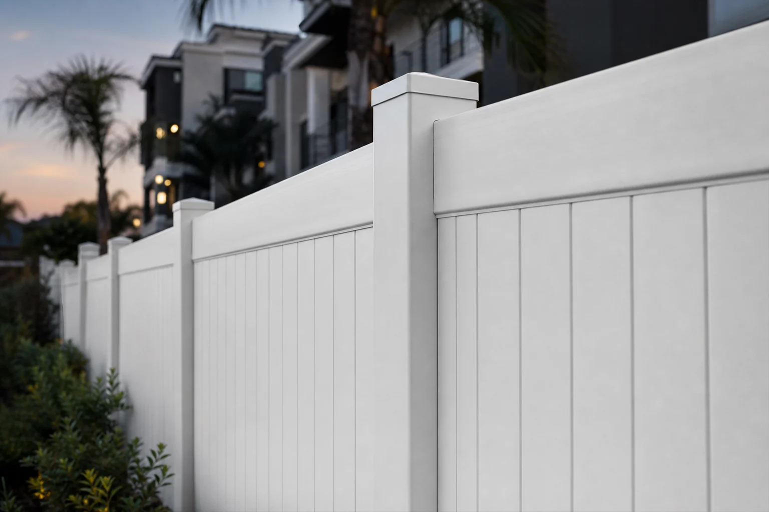 Close-up of white vinyl fence panels in soft daylight
