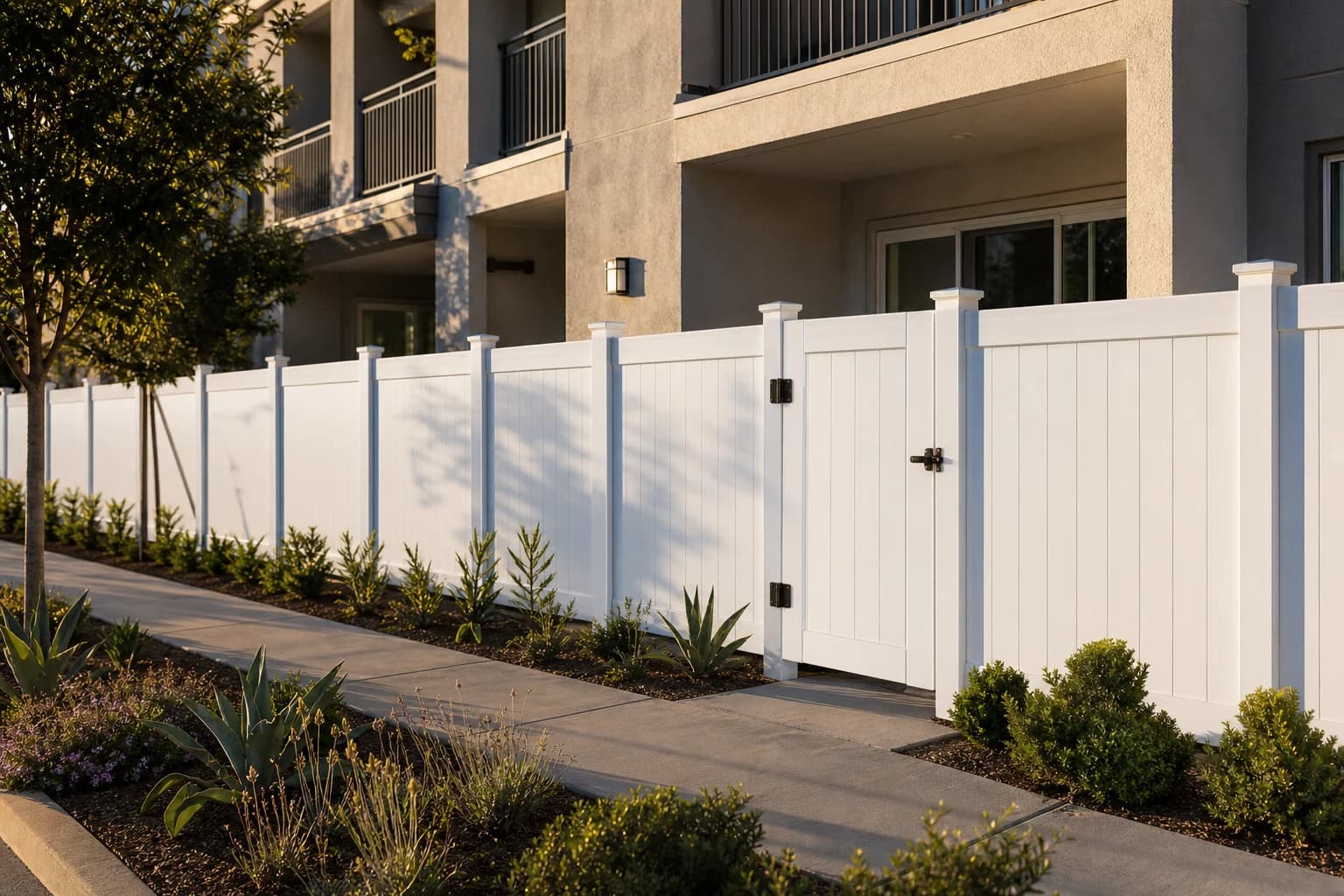 White vinyl privacy and picket fencing beside multi-unit housing