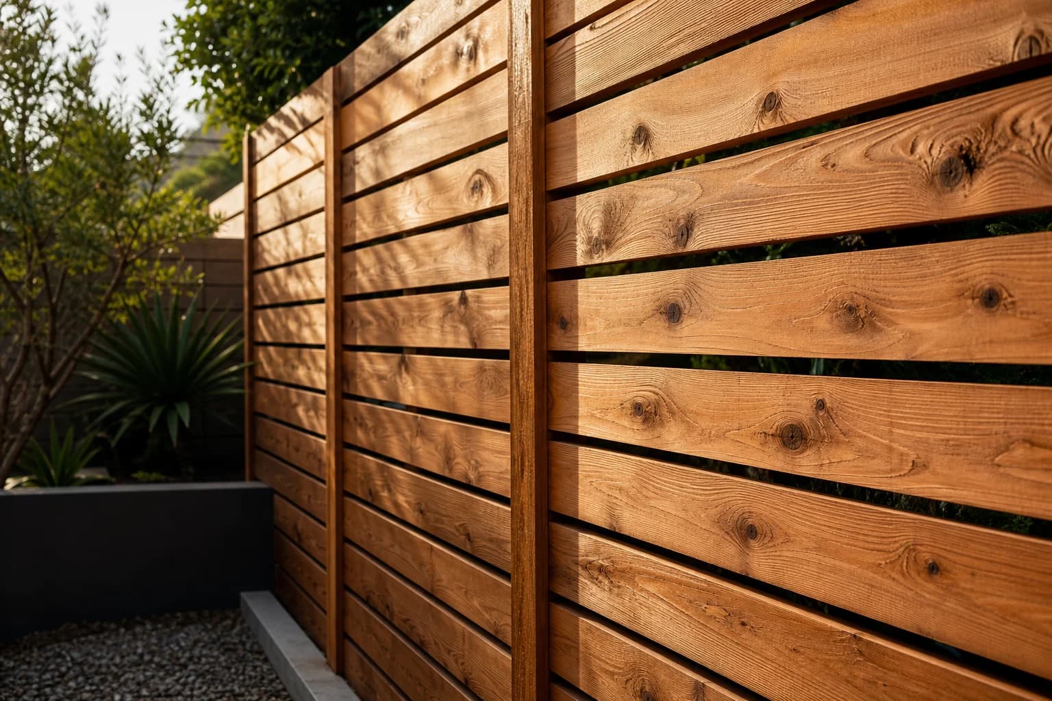Close-up of natural wood grain on a finished privacy fence